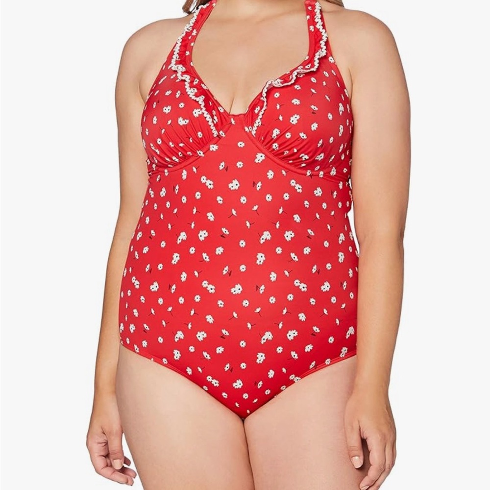 Pour Moi Red and White floral halter one piece Swimsuit